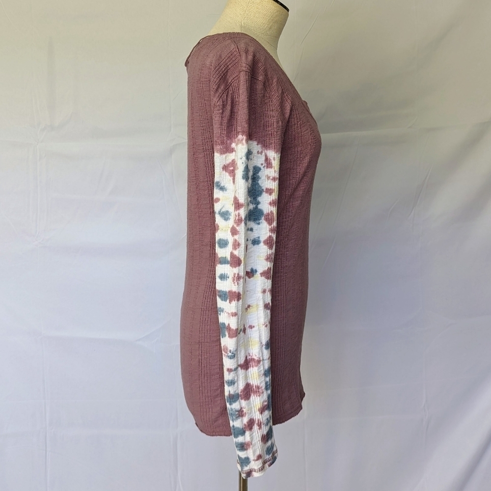 Free People Big Sur Top Long Tie Dyed Sleeves Scoop Neck Ribbed Knit Mauve L EUC - Picture 6 of 12